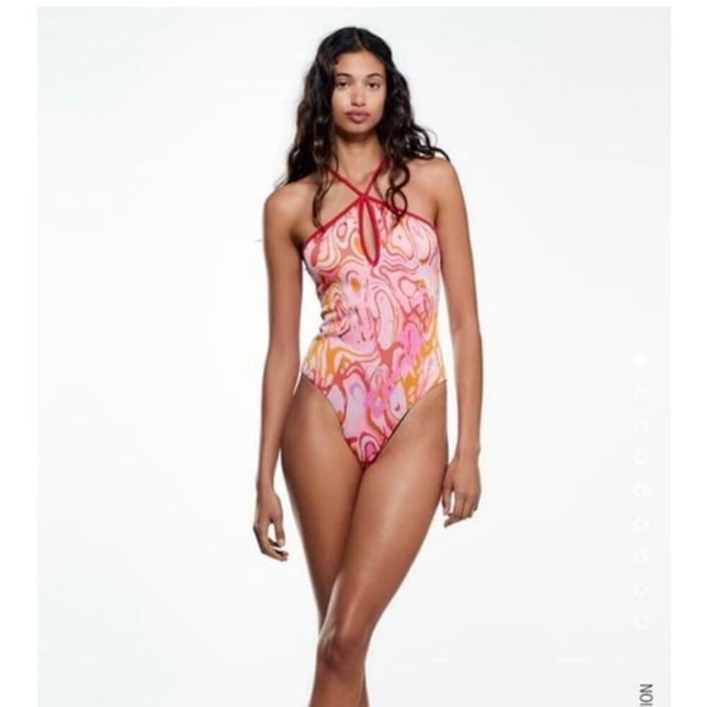 NWT Zara pink orange red retro swirl printed jacquard keyhole halter bodysuit Sm
